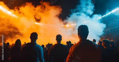 Silhouettes of fans watching a football game with orange and blue smoke