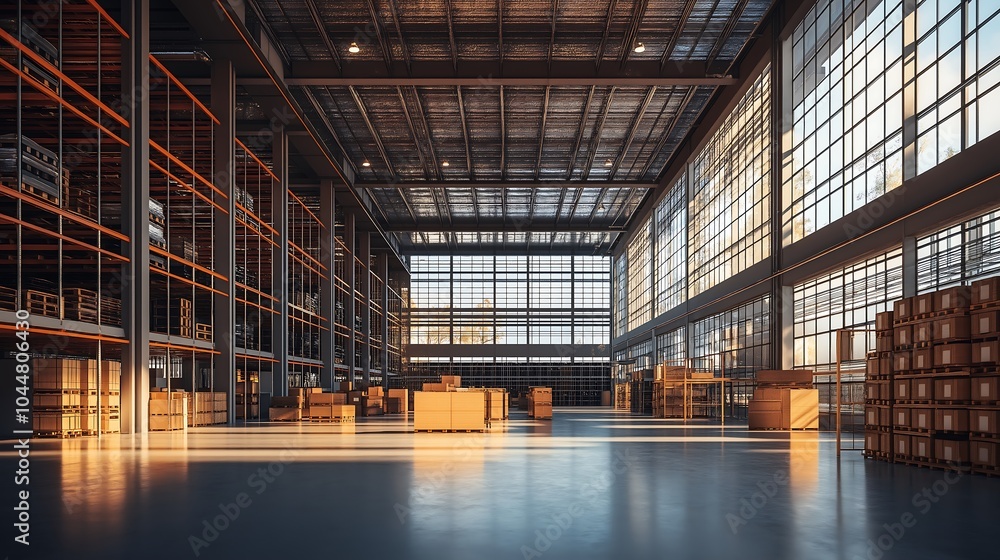 Warehouse with large windows, natural light, modern and efficient interior. Warehouse with large windows, natural light, modern and efficient interior.