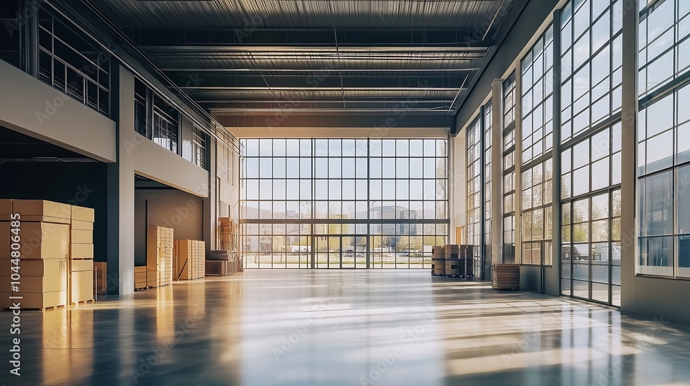 Warehouse with large windows, natural light, modern and efficient interior. Warehouse with large windows, natural light, modern and efficient interior.