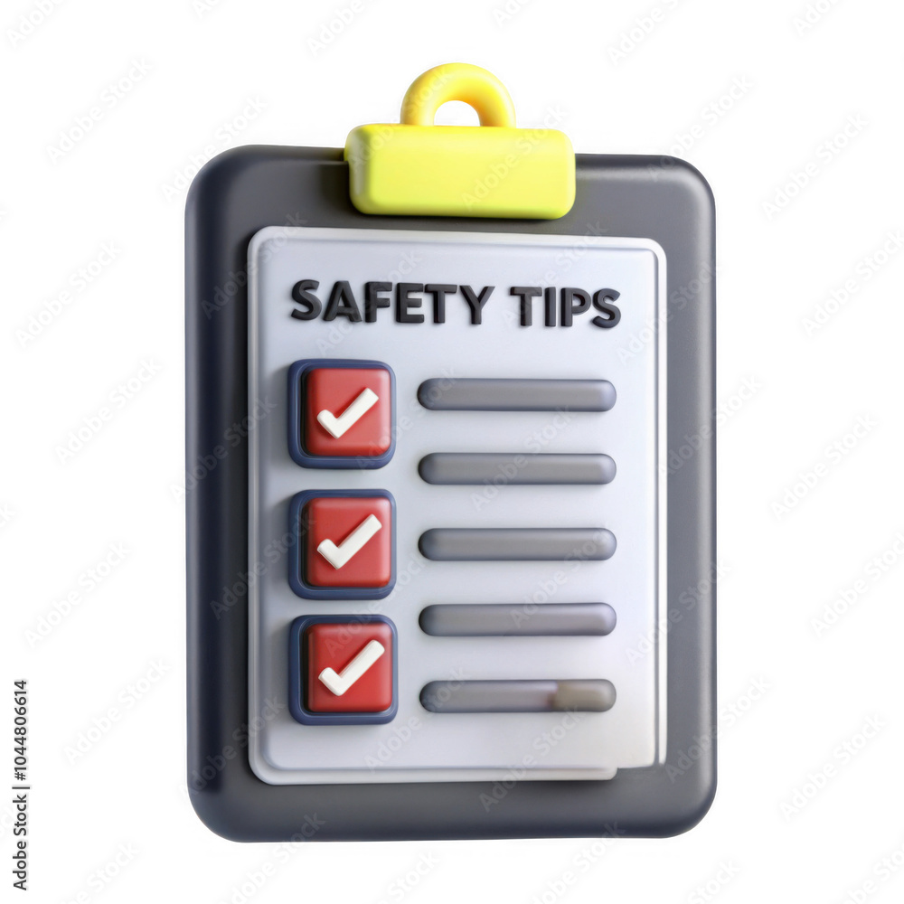 A colorful 3D render of a clipboard displaying safety tips with checkboxes. Perfect for conveying important safety messages. A colorful 3D render of a clipboard displaying safety tips with checkboxes. Perfect for conveying important safety messages.
