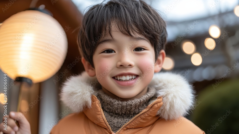 休日のお祝いのための冬のワンダーランドでランタンを持っている喜びに満ちた子供 休日のお祝いのための冬のワンダーランドでランタンを持っている喜びに満ちた子供