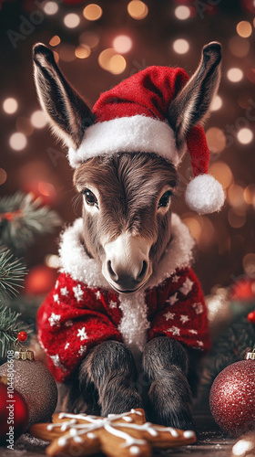 Xmas vibes - christmas mood - happy funny cute donkey wearing santa claus hat in front of christmas tree. Vertical banner for instagram story, reel or tiktok	
