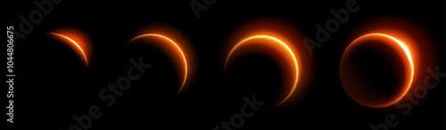 Solar eclipse phases with glowing neon orange rings against dark sky. Moon passing across sun creates luminous circular silhouettes. Celestial phenomenon sequence demonstrates gradual shadowing.