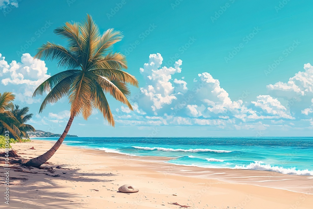 Obraz premium Tropical Paradise: Flat Palm Tree on a Golden Sand Beach with Turquoise Waters