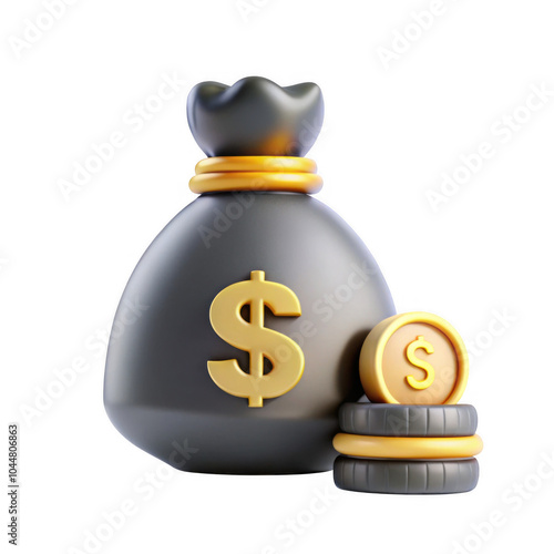 A stylized 3D render of a black bag with a dollar sign and gold coins. The bag is large, creating a visual depiction of wealth and finance.