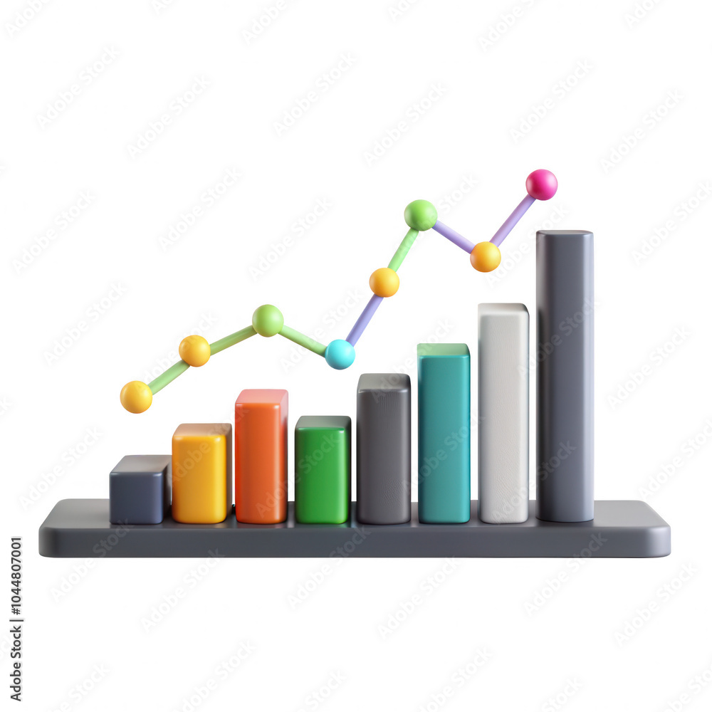 A colorful, 3D bar graph representing data growth, with various shaped blocks and a line graph overlay. A modern design isolated on a white background. A colorful, 3D bar graph representing data growth, with various shaped blocks and a line graph overlay. A modern design isolated on a white background.