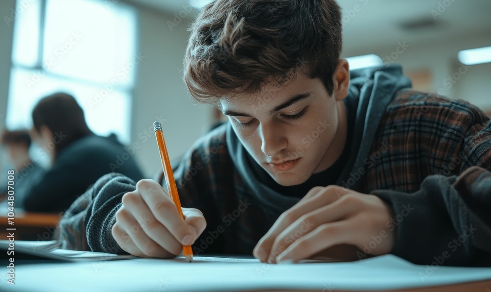 Young man writing with a pencil. Young man writing with a pencil.