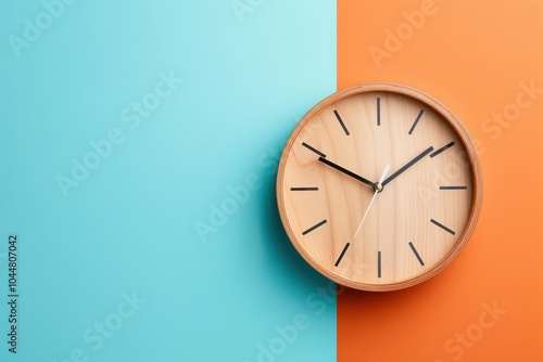 Wall clock on a split background of blue and orange, indicating midday