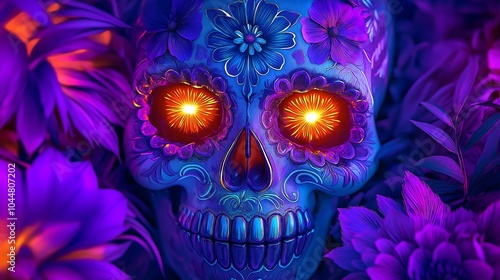 Neon sugar skull with glowing eyes, radiant purple and teal, detailed floral design.