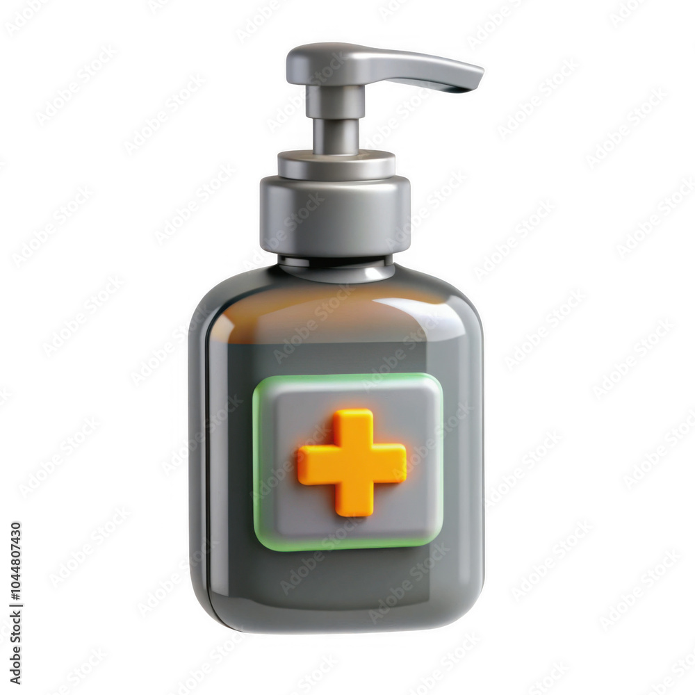 This image features a 3D rendered model of a medical lotion bottle with a pump top. It has a cross icon on its front, suggesting health care use. This image features a 3D rendered model of a medical lotion bottle with a pump top. It has a cross icon on its front, suggesting health care use.