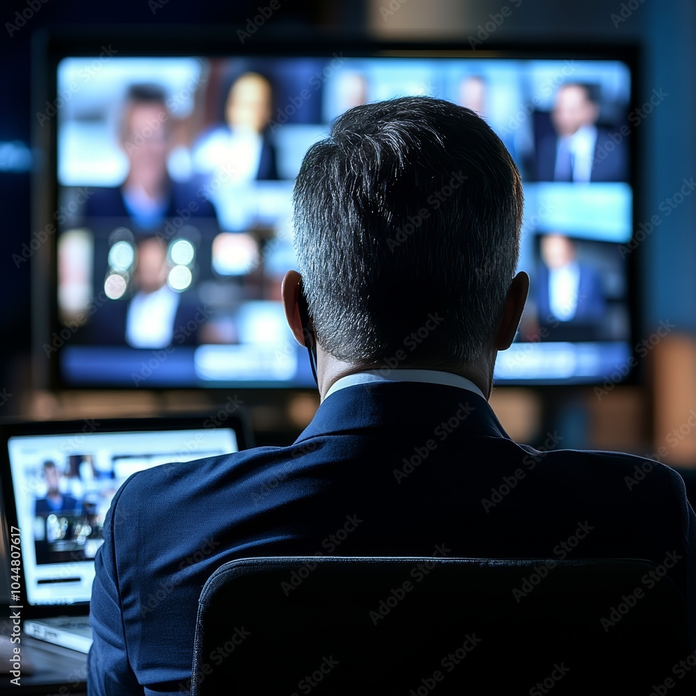 Focused businessman observing a news broadcast on a large screen. Focused businessman observing a news broadcast on a large screen.