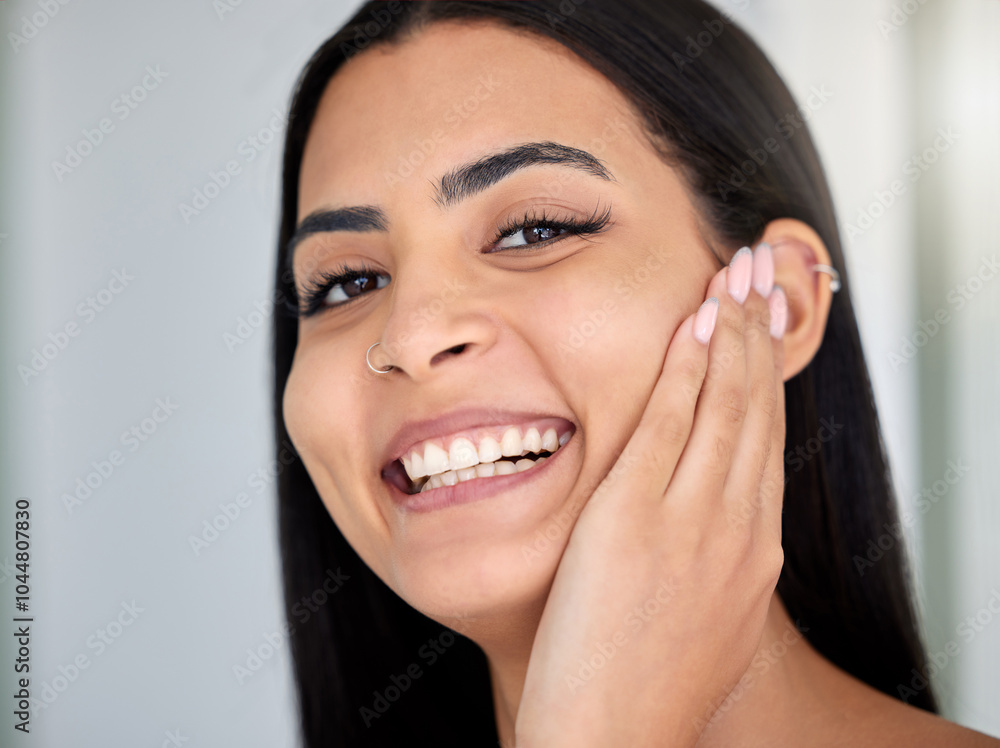 Woman, moisturizing and smile on portrait for skincare, cosmetics and beauty at home in bathroom. Female person, happy and lotion at apartment with treatment for glow, fresh skin and dark circles Woman, moisturizing and smile on portrait for skincare, cosmetics and beauty at home in bathroom. Female person, happy and lotion at apartment with treatment for glow, fresh skin and dark circles