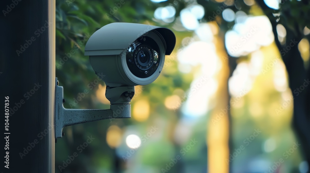 Close-up of a security camera amidst blurred greenery, capturing a serene atmosphere. Close-up of a security camera amidst blurred greenery, capturing a serene atmosphere.