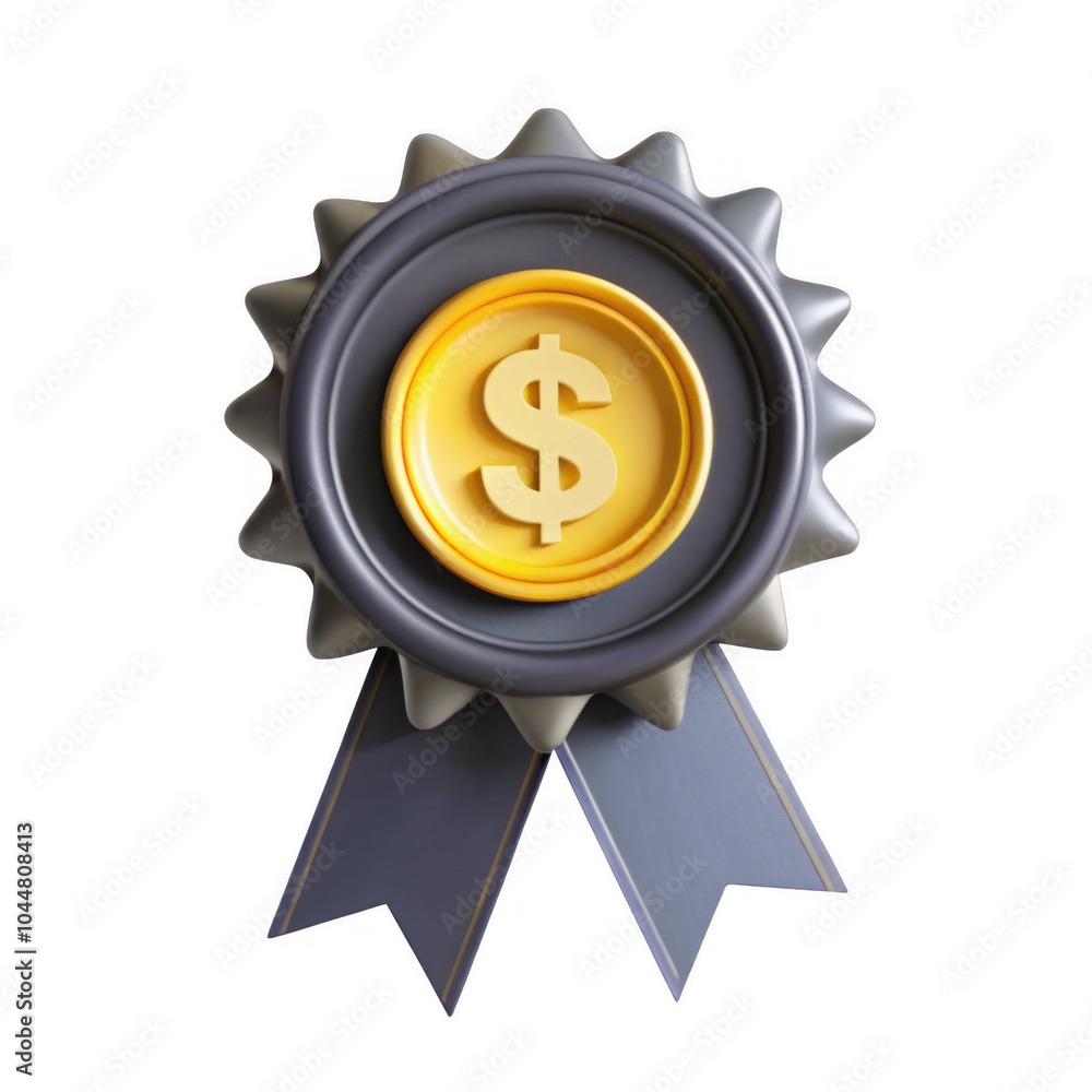 A 3D-rendered badge featuring a dollar sign, symbolizing financial accomplishment, set against a transparent background. Ideal as an award icon. A 3D-rendered badge featuring a dollar sign, symbolizing financial accomplishment, set against a transparent background. Ideal as an award icon.