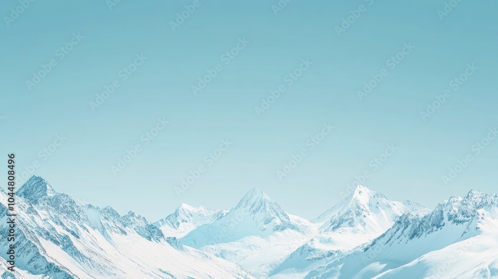 Obraz premium A panoramic banner mockup featuring a snowy mountain range with a clear blue sky, providing ample blank space for commercial text overlay, ideal for winter sports or travel promotions