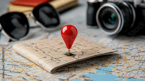 A close-up of a red location pin on a map, surrounded by travel essentials like a camera and sunglasses, perfect for adventure planning. photo