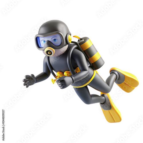 A cartoon diver in a black wetsuit and yellow flippers, exploring underwater. Represents a fun, animated style suitable for various applications. photo