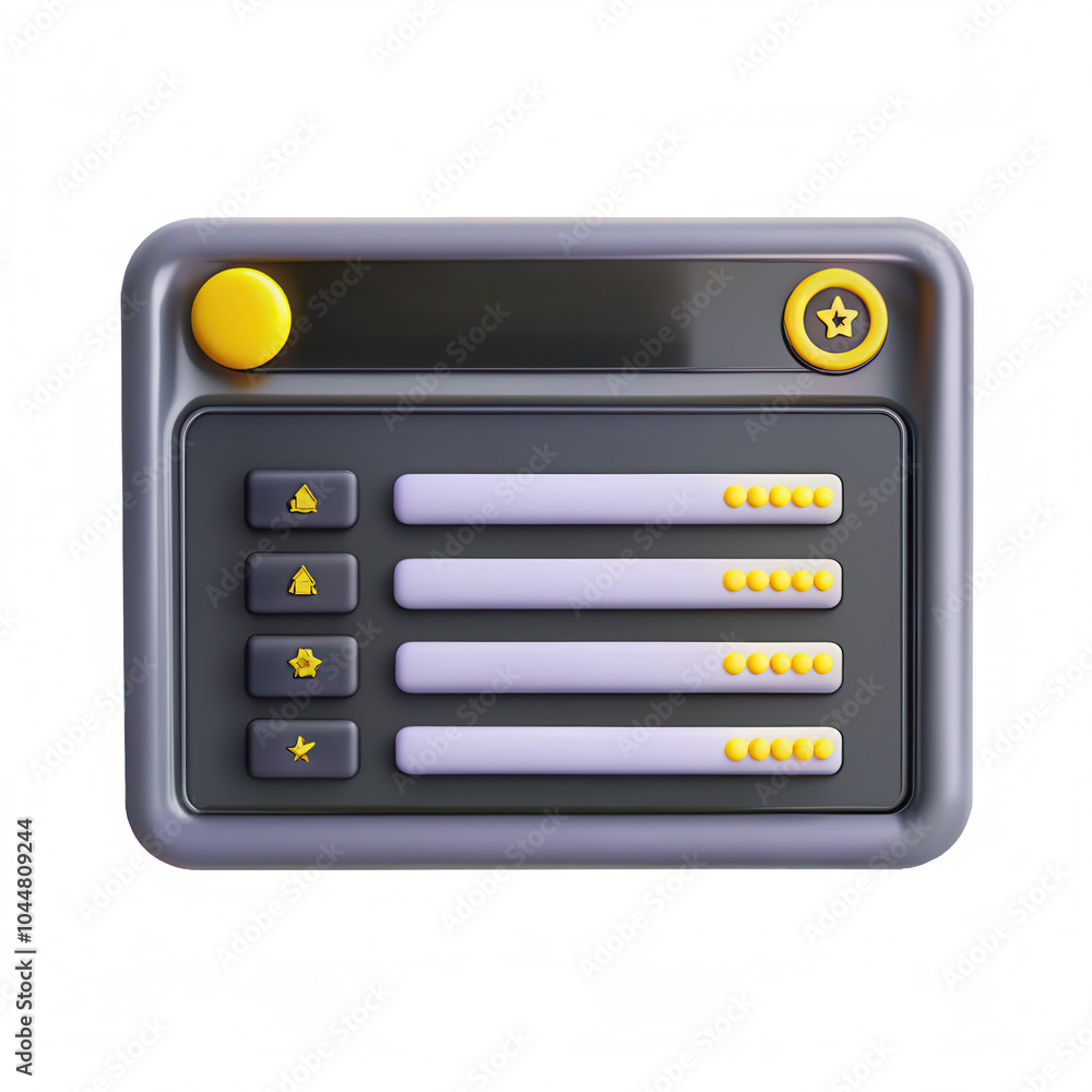 This image depicts a 3D model of a user interface panel with various buttons and star icons in modern design. This image depicts a 3D model of a user interface panel with various buttons and star icons in modern design.