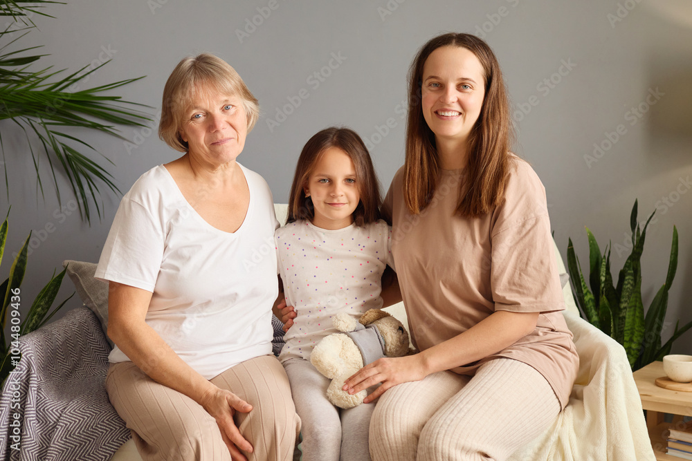 Elderly grandmother sitting on sofa with happy smile together with daughter and granddaughter in cozy home interior family bonding in generation of parent and children Elderly grandmother sitting on sofa with happy smile together with daughter and granddaughter in cozy home interior family bonding in generation of parent and children
