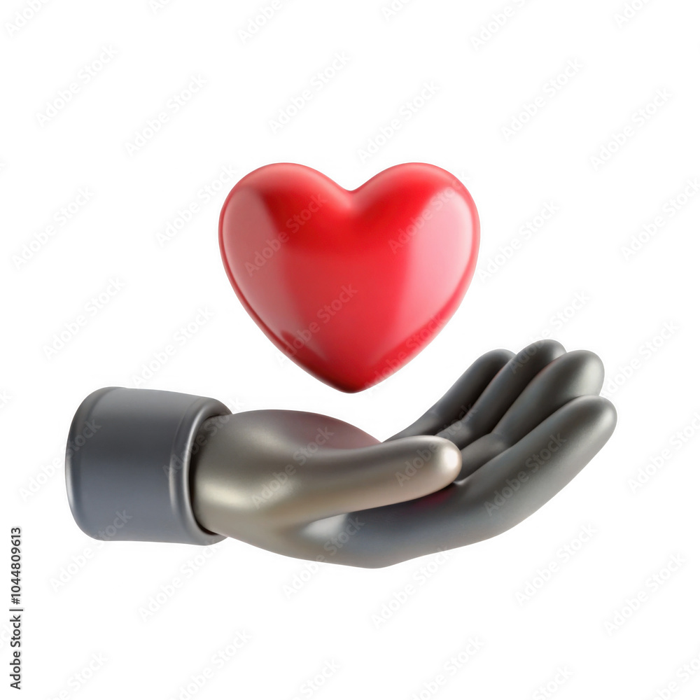 A 3D rendered image of a hand reaching out to hold a red heart, representing love and care. The hand is in a neutral, gray tone. Ideal for expressing affection. A 3D rendered image of a hand reaching out to hold a red heart, representing love and care. The hand is in a neutral, gray tone. Ideal for expressing affection.