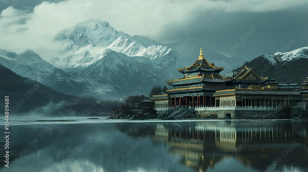 Serene Temple Reflection in Mountain Lake Serene Temple Reflection in Mountain Lake