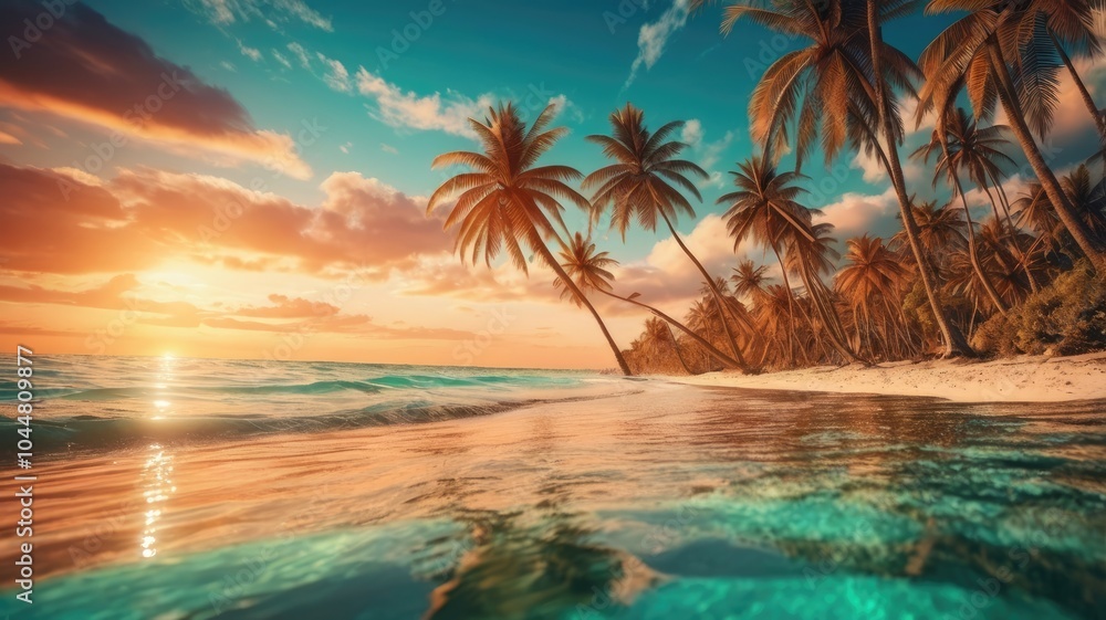 Fototapeta premium Beautiful beach with palms and turquoise sea with cloudy sky