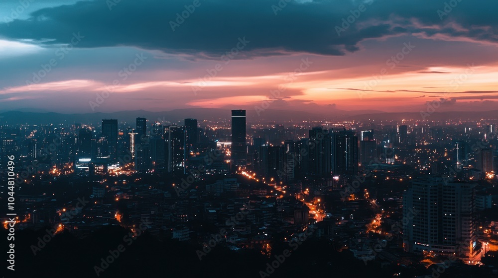 Obraz premium A panoramic banner mockup featuring an urban skyline at dusk with city lights, providing ample blank space for commercial text overlay, ideal for business or nightlife promotions