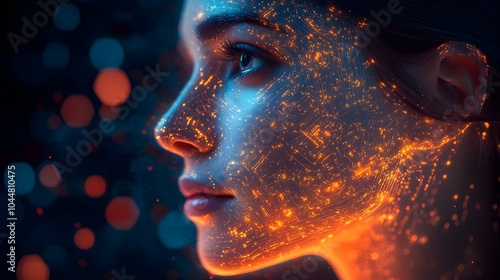 Close-up of a human face with glowing blue circuits running across the skin, representing AI technology integration, Cyberpunk, Neon lighting, Digital painting, Futuristic atmosphere