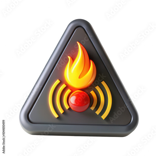 A 3D render of a fire safety symbol featuring a flame and sound waves against a dark triangular background. Represents fire alertness and caution. photo