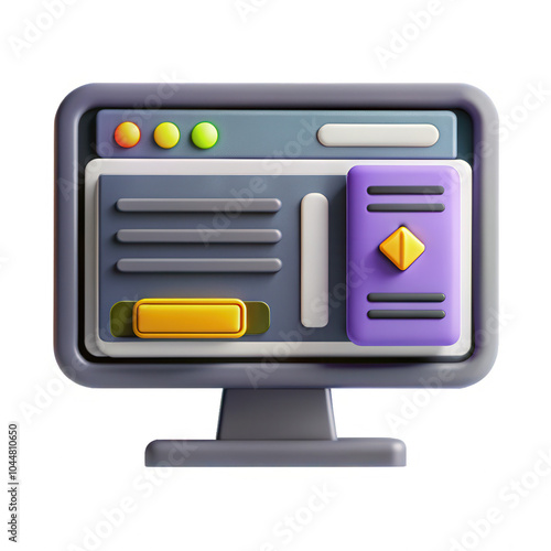 This image features a 3D model of a computer monitor showcasing colorful buttons and a navigation panel, designed for visual appeal.