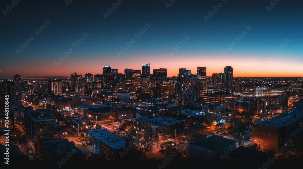 Fototapeta premium A panoramic banner mockup featuring an urban skyline at dusk with city lights, providing ample blank space for commercial text overlay, ideal for business or nightlife promotions