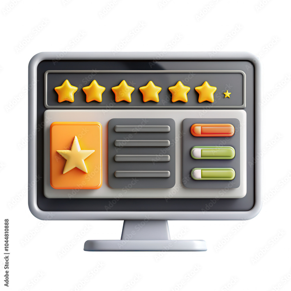 This is a 3D render of a computer screen featuring star ratings, visual elements in vibrant colors, and buttons for user interaction. This is a 3D render of a computer screen featuring star ratings, visual elements in vibrant colors, and buttons for user interaction.