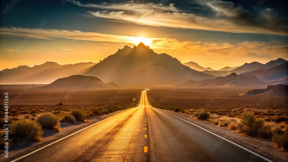 Fototapeta premium Silhouette road leading to mountains through desert landscape