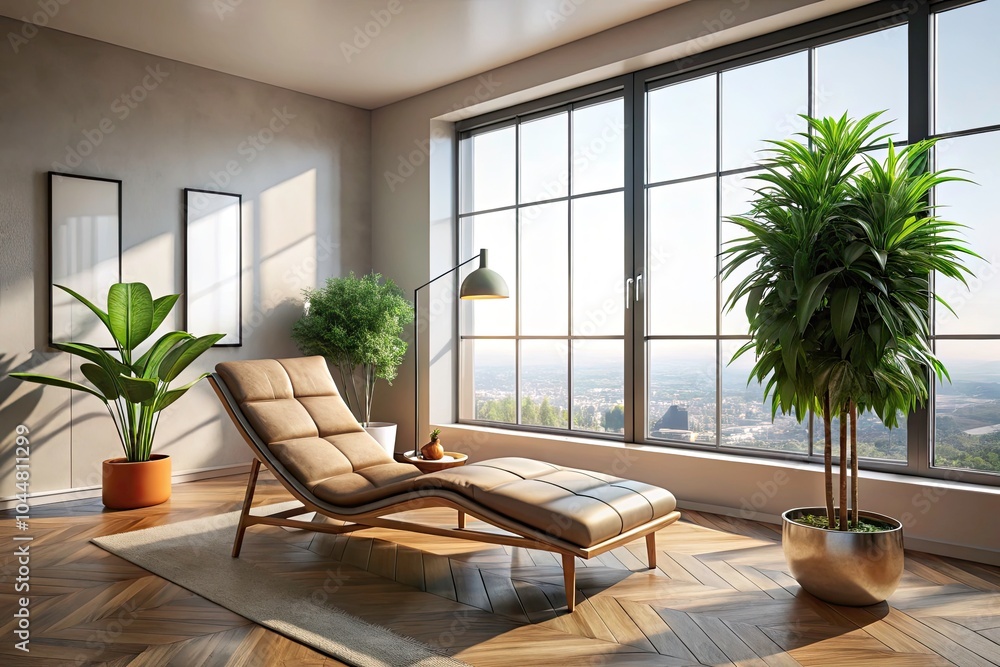 Fototapeta premium Minimalist Room with Chaise Lounge, Potted Plant, and Large Windows for Natural Light, Perfect for Interior Design Inspiration, Relaxation Spaces, and Modern Aesthetics