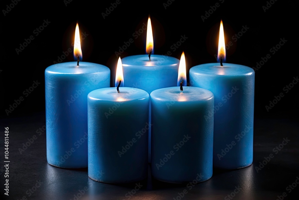 Minimalist Still Life of Four Blue Burning Candles on a Black Background, Elegant Candlelight, Serene Atmosphere, Tranquil Mood, Soft Glow, Dark Aesthetic, Candle Decor, Peaceful Setting Minimalist Still Life of Four Blue Burning Candles on a Black Background, Elegant Candlelight, Serene Atmosphere, Tranquil Mood, Soft Glow, Dark Aesthetic, Candle Decor, Peaceful Setting