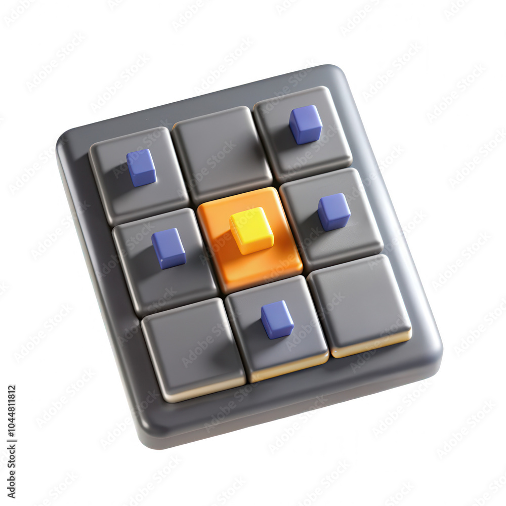 A vibrant 3D puzzle game model featuring squares in various colors arranged on a grid with a central orange piece. A vibrant 3D puzzle game model featuring squares in various colors arranged on a grid with a central orange piece.