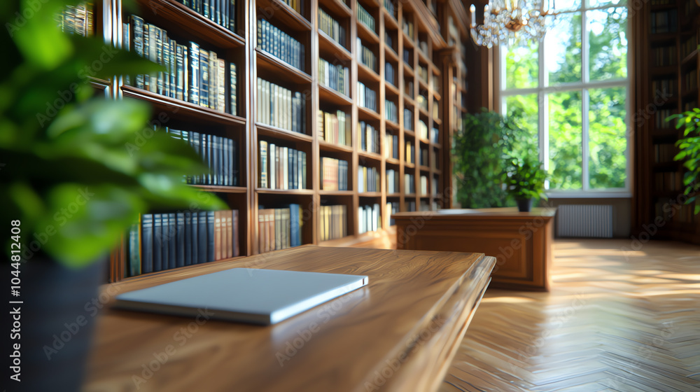 A serene library interior with sunlight streaming through windows surrounded by books and greenery A serene library interior with sunlight streaming through windows surrounded by books and greenery