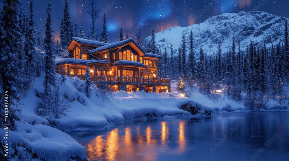 Fototapeta premium The northern lights dance beautifully above a serene forest, casting a magical glow on a hunting hut beside a river during a winter evening.