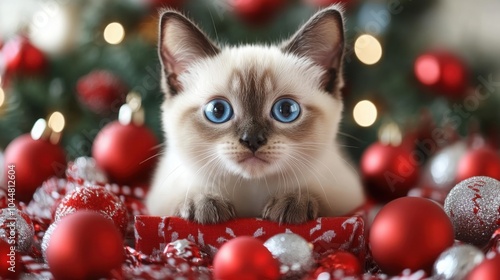 A lovely Siamese kitten sits playfully in a gift box, surrounded by colorful ornaments and a beautifully decorated Christmas tree, creating a joyful holiday atmosphere.