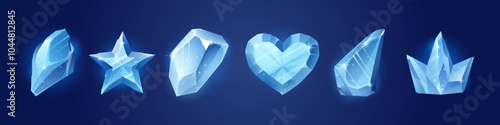 Crystal ice formations of different shapes - simple geometric stone and star, crown and heart with diamond pattern glow. Sparkling game resource elements of transparent facets with luminous edges.