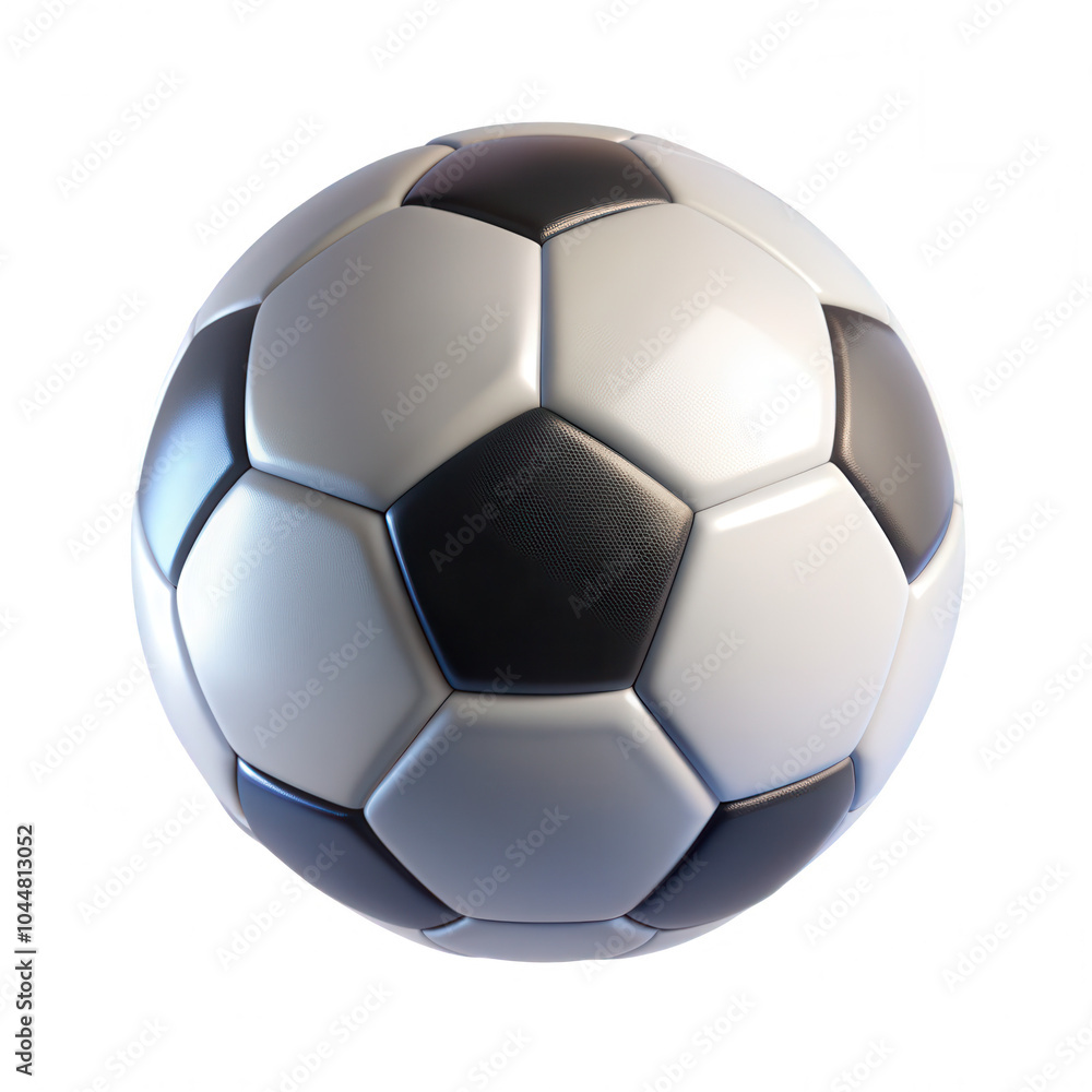 A realistic 3D render of a black and white soccer ball, showcasing its hexagonal panels and shiny surface, perfect for sports enthusiasts. A realistic 3D render of a black and white soccer ball, showcasing its hexagonal panels and shiny surface, perfect for sports enthusiasts.