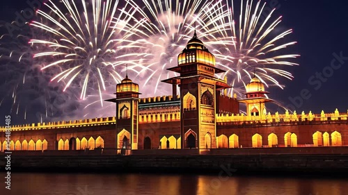 Amidst the grand backdrop of India Gate, Diwali celebrations light up the night with golden lights, diyas, and bright fireworks. Connaught Place glows with decorative lanterns and fairy lights photo