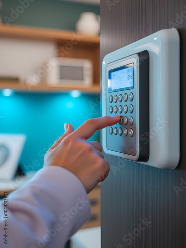 Woman hand entering alarm system password of an apartment, house of business office. Surveillance and protection console against rubbery and thief photo