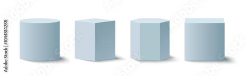 Blue pedestals or podium, geometric empty museum scenes, exhibits for award ceremony or product presentation. Gallery platform, product stands.