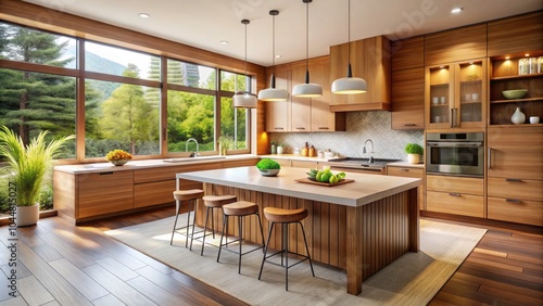 Modern Minimalist Kitchen with Wooden Cabinetry, Island, and Abundant Natural Light - Stylish Interior Design Inspiration