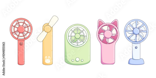 Portable and electric summer fan for office vector. Mini hand ventilator icon for table on battery. Handy climate equipment with propeller for airflow and ventilation. Cute childish compact device