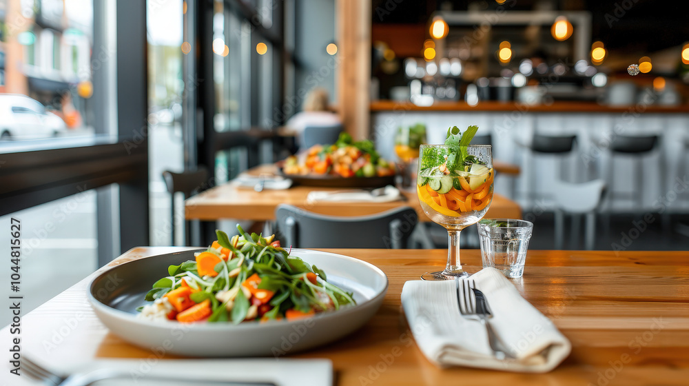 vibrant dining scene featuring fresh salad and colorful drink, showcasing modern restaurant atmosphere. inviting setup highlights use of fresh ingredients and cozy ambiance vibrant dining scene featuring fresh salad and colorful drink, showcasing modern restaurant atmosphere. inviting setup highlights use of fresh ingredients and cozy ambiance