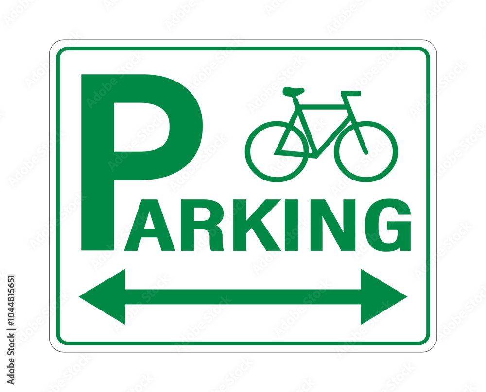 Bicycle parking sign with text, bike pictogram and bidirectional arrow. Green on white background. Bicycle parking sign with text, bike pictogram and bidirectional arrow. Green on white background.