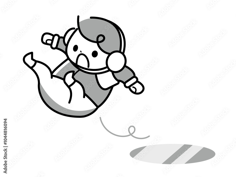 Fototapeta premium 氷で滑る男の子のモノクロイラスト