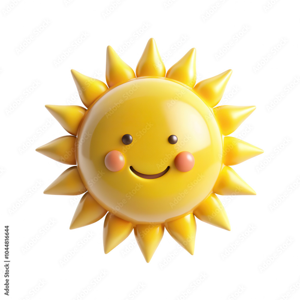 A friendly 3D smiling sun icon with a cheerful face and pointed rays, set against a transparent background. Perfect for summer themes. A friendly 3D smiling sun icon with a cheerful face and pointed rays, set against a transparent background. Perfect for summer themes.